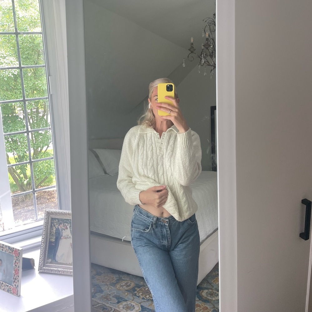 Vintage White Cable Blend Collared Sweater
